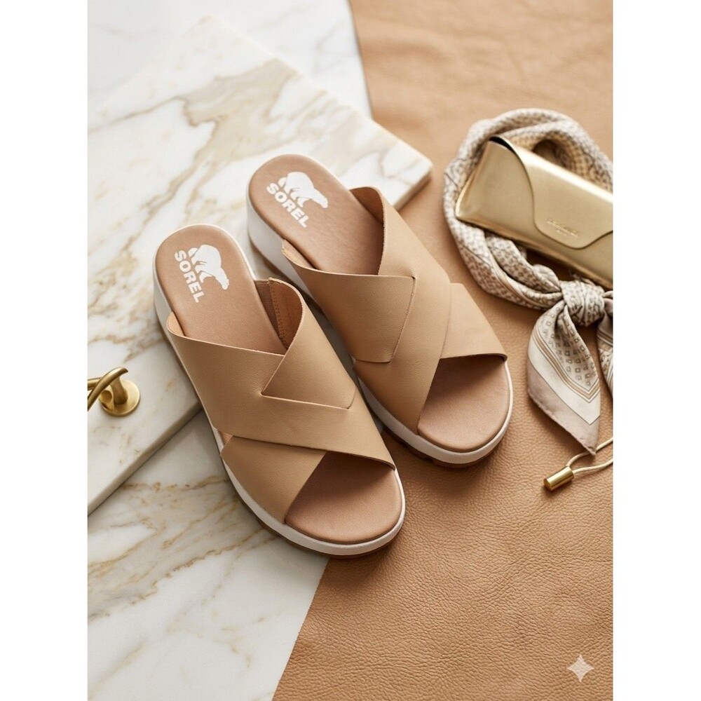 Size 9.5 - Sorel Cameron Flatform Mule Sandals Honest Beige